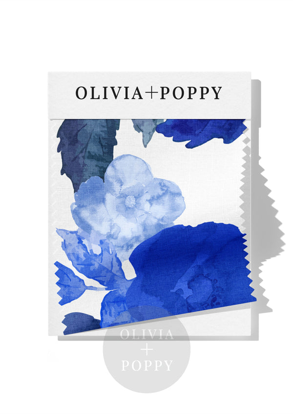 Blue Rose Watercolor Fabric + White / 8 X Swatch