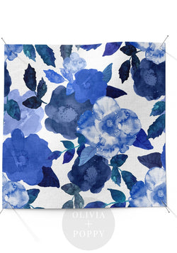 Blue Rose Watercolor Fabric + White / Yard