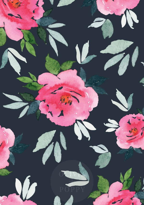 Simoney Peonies Wallpaper Paste The Wall (Traditional Vinyl) / Navy + Pink